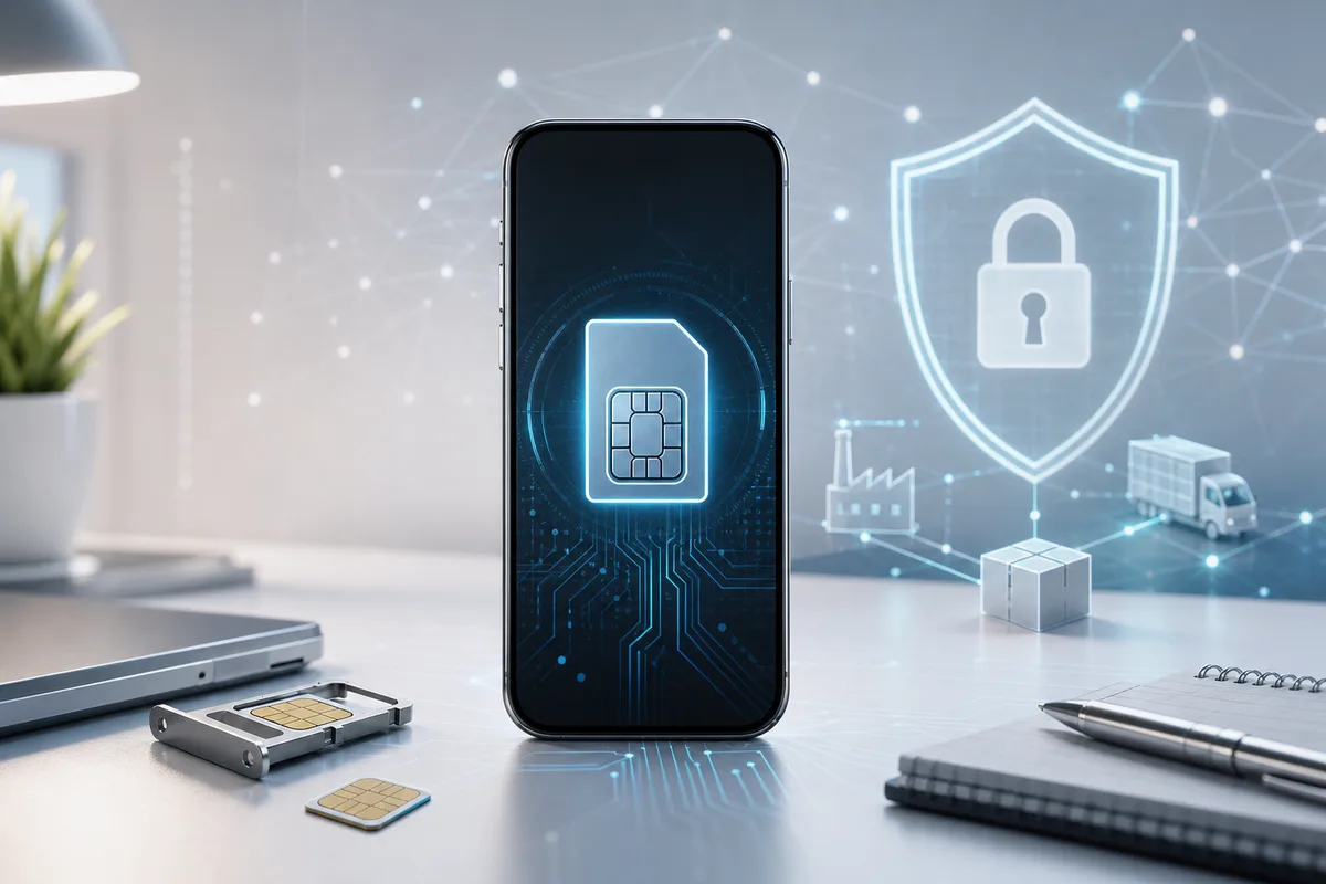手机 eSIM 数字配置文件、供应链节点和安全锁的科技封面图