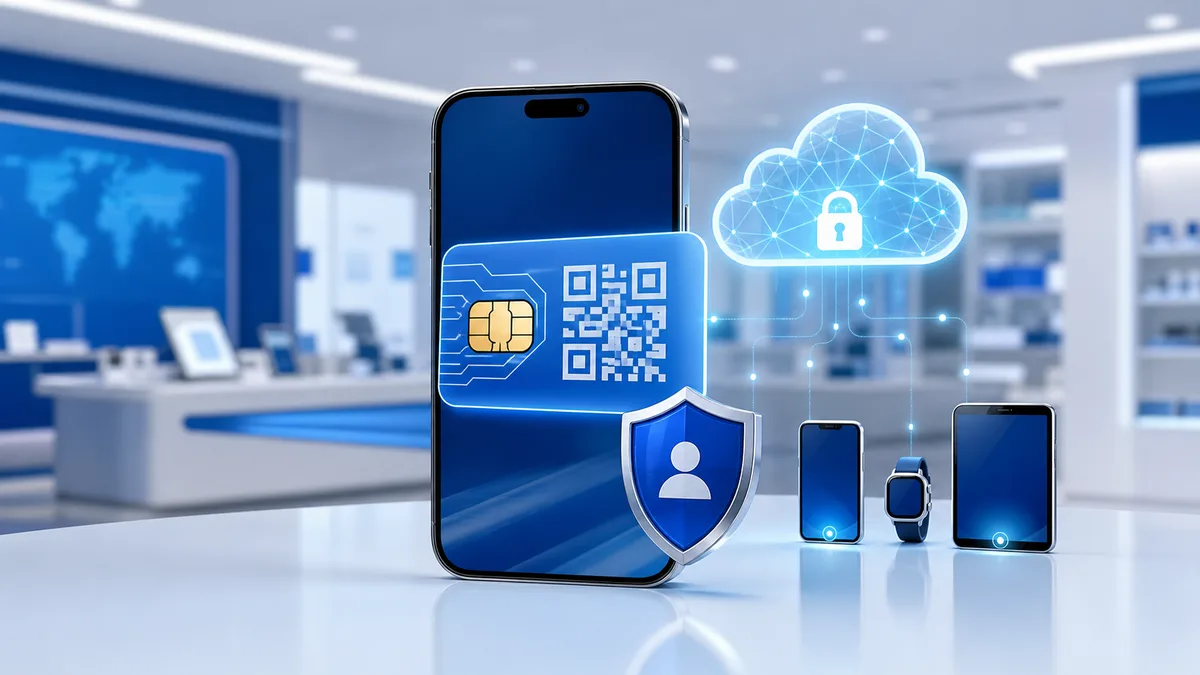 手机 eSIM 线上开卡、云端安全认证和多终端连接的科技封面图