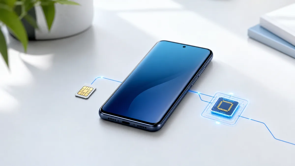 安卓手机、实体 SIM 卡与 eSIM 芯片连接的科技封面图