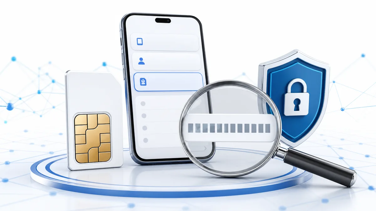 SIM 卡、手机设置、放大镜和安全盾牌组成的 ICCID 查询科普封面图