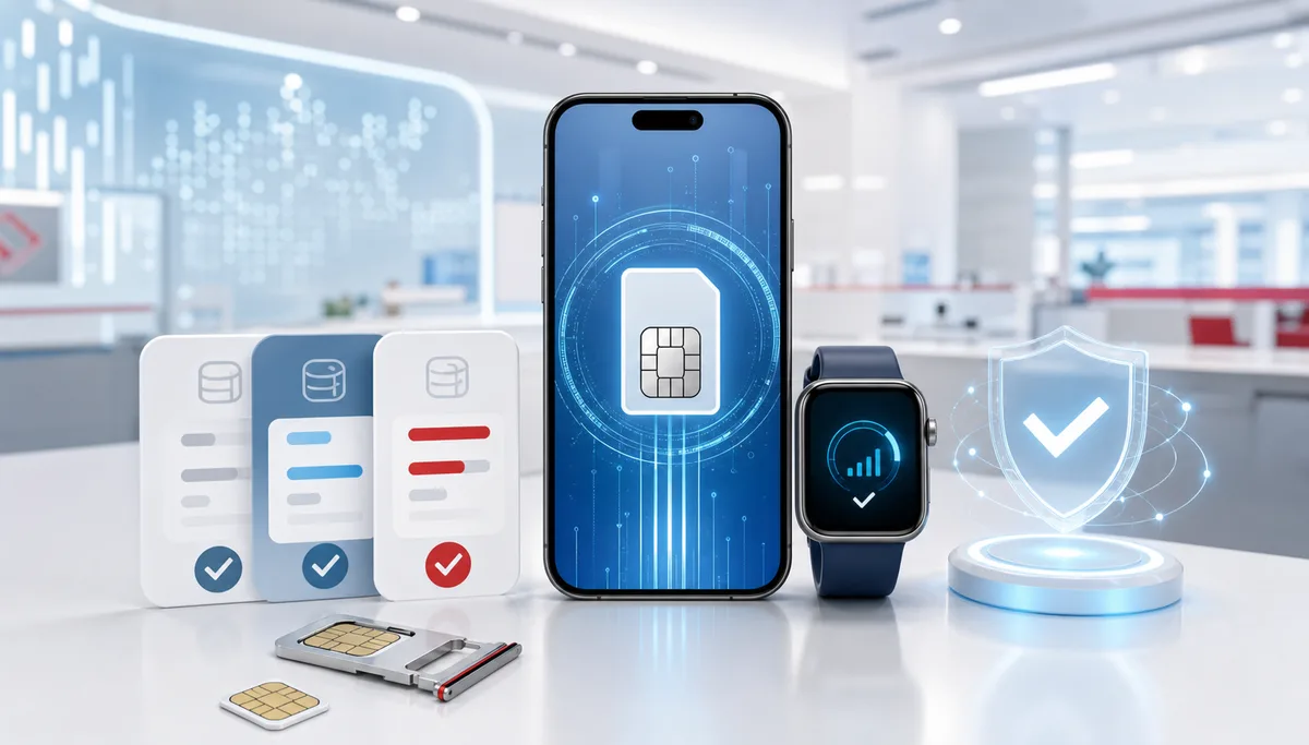 手机、智能手表、eSIM 数字配置文件和套餐卡片的科技封面图