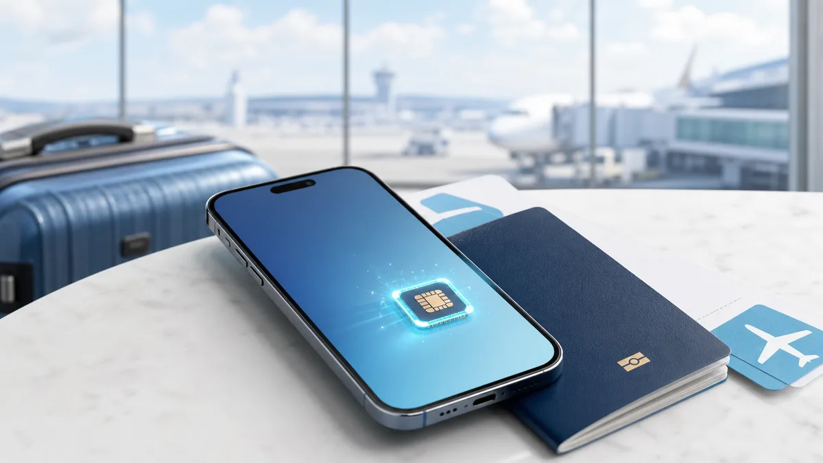 机场行李、护照和手机 eSIM 芯片的旅行上网封面图