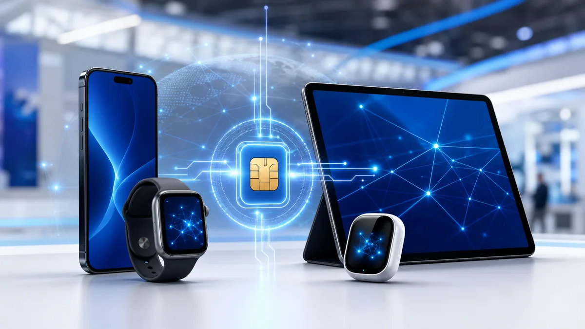手机、手表、平板和 eSIM 数字芯片连接 AI 终端的科技封面图