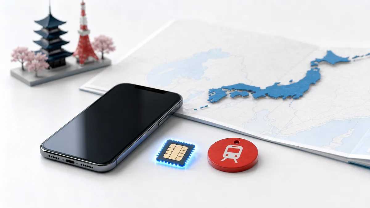 日本地图、手机和 eSIM 芯片组成的旅行上网封面图