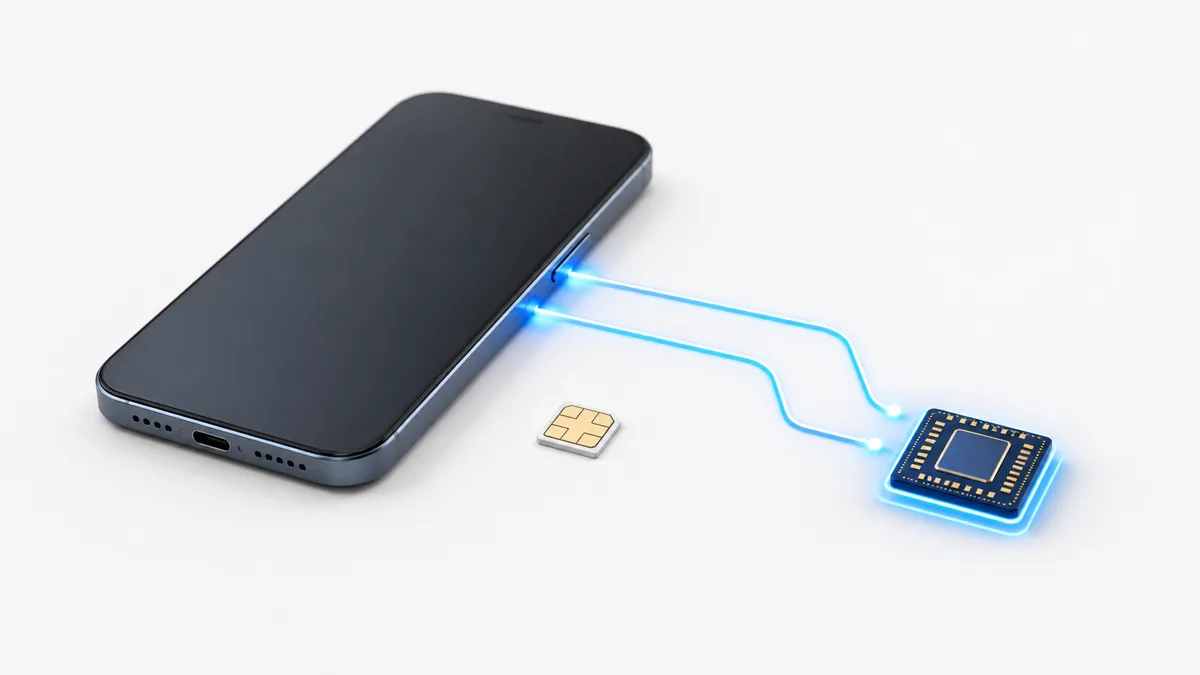 手机、实体 SIM 卡和两条网络连接组成的双卡 eSIM 设置封面图