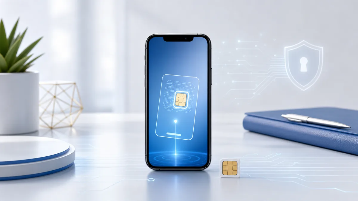 实体 SIM 卡、手机 eSIM 数字配置文件和安全芯片的科技封面图