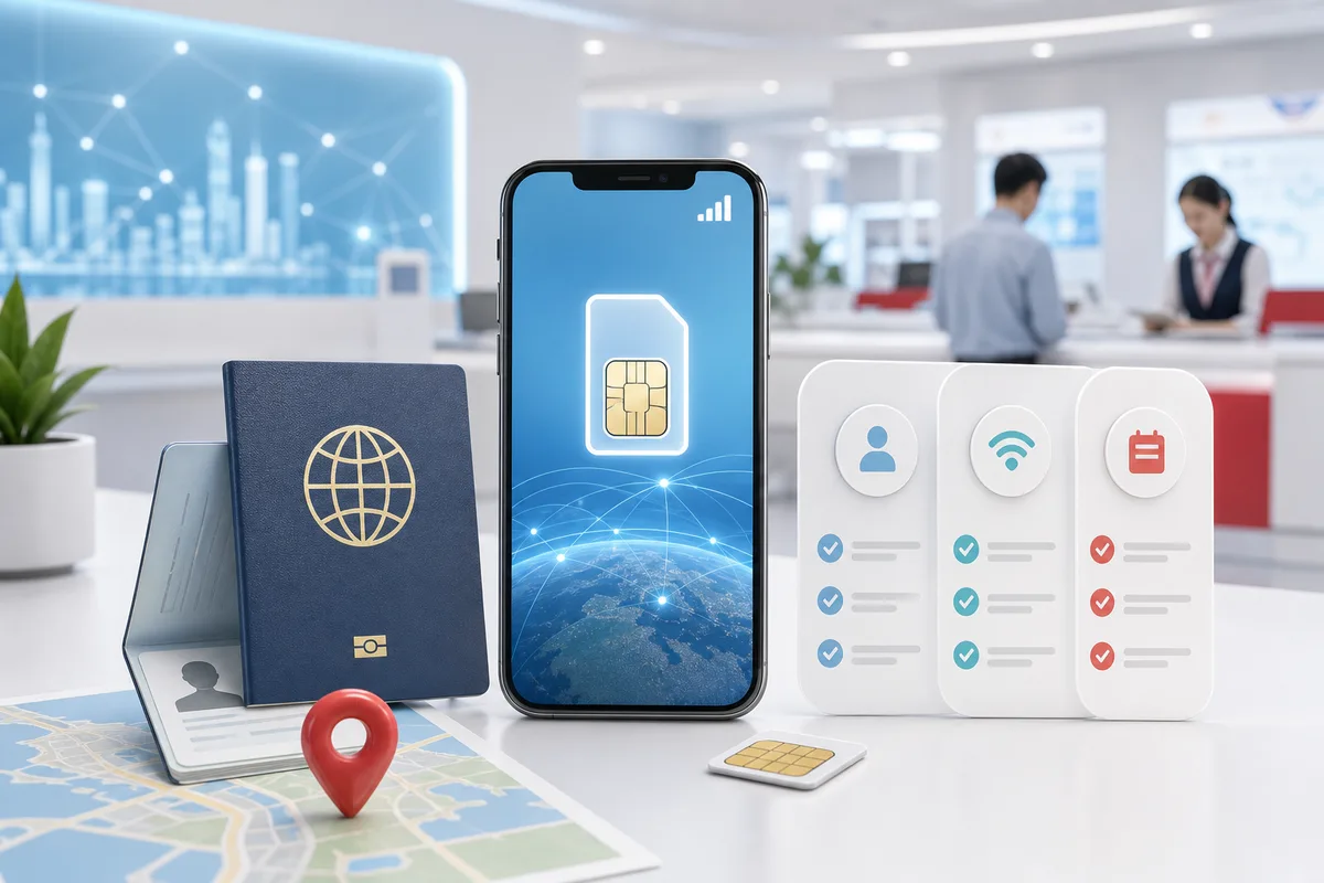 护照、手机、SIM 卡和办卡清单的服务柜台封面图