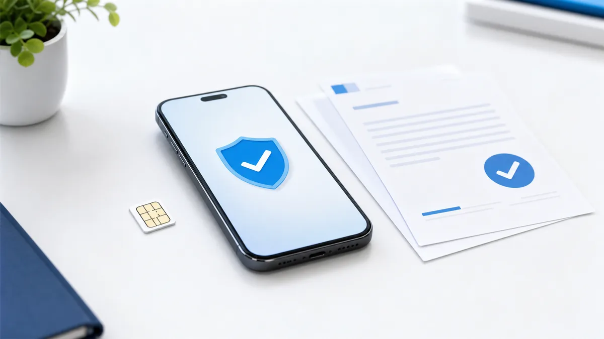 手机、SIM 卡和带有核验标记的文件组成的号卡政策核实封面图